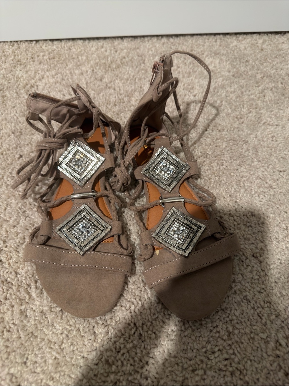 Women's Taupe Suede Gladiator Sandals with Rhinestone Accents